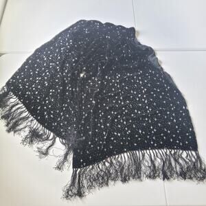 Starry Night Shawl Wrap Womens Black Velvet Fringe Stars Night Court Celestial